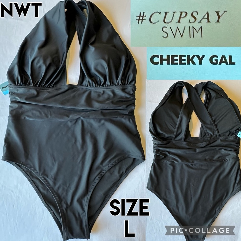 NWT CUPSAY Womens Swim Suit One Piece Cheeky Gal Black Sexy Tummy Control Deep V